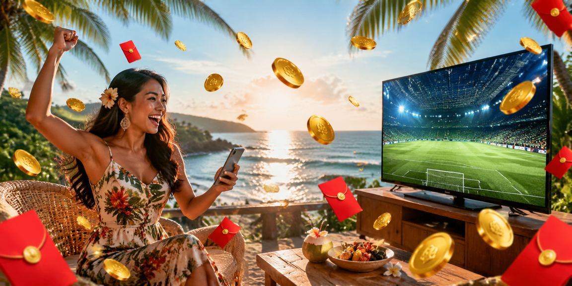 Model Vietnam memegang amplop merah bonus dengan ekspresi bahagia dan latar belakang kasino