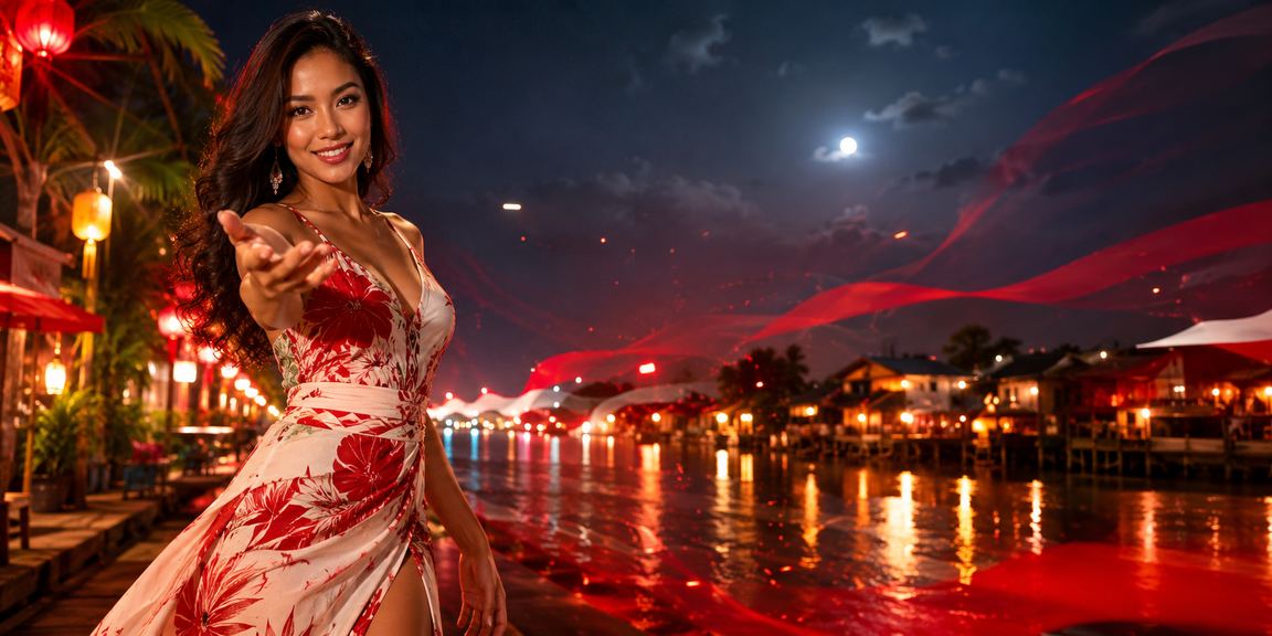 Model berpose di depan meja kasino dengan suasana hiburan malam yang elegan