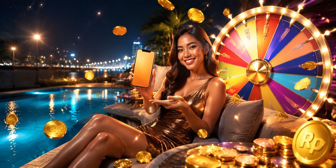 Model Vietnam berpose saat lucky draw dengan suasana kasino yang meriah dan penuh cahaya